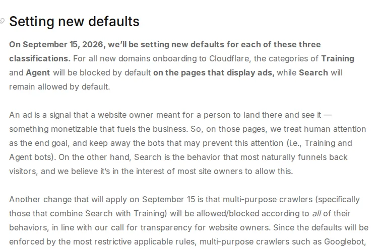 بخش Setting new defaults در وبلاگ کلادفلر با تاریخ ۱۵ سپتامبر ۲۰۲۶ و پاراگراف خزنده های چندمنظوره که نام گوگل بات در آن آمده