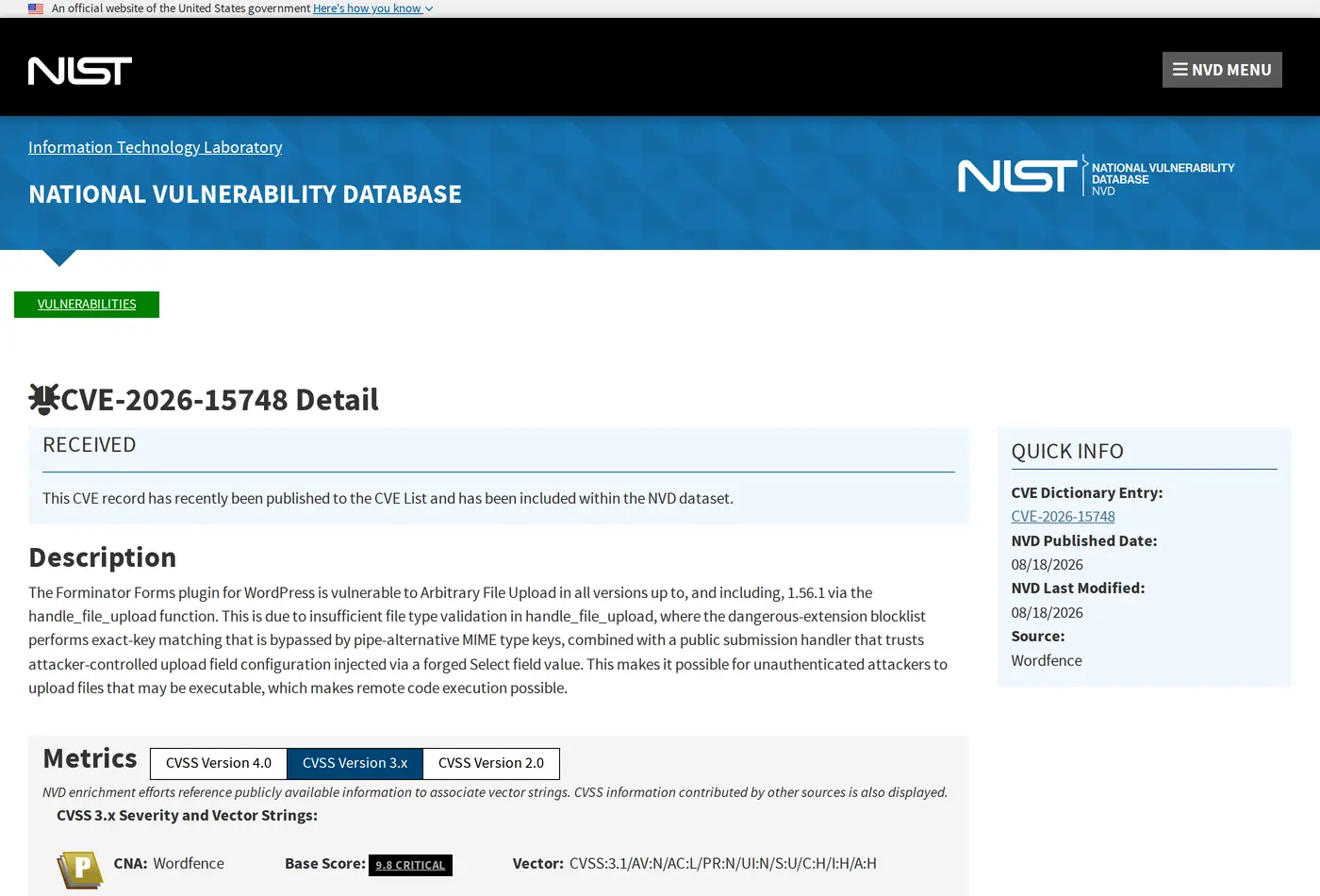 پرونده CVE-2026-15748 در پایگاه ملی آسیب پذیری با امتیاز شدت ۹.۸ برای افزونه فرم ساز وردپرس