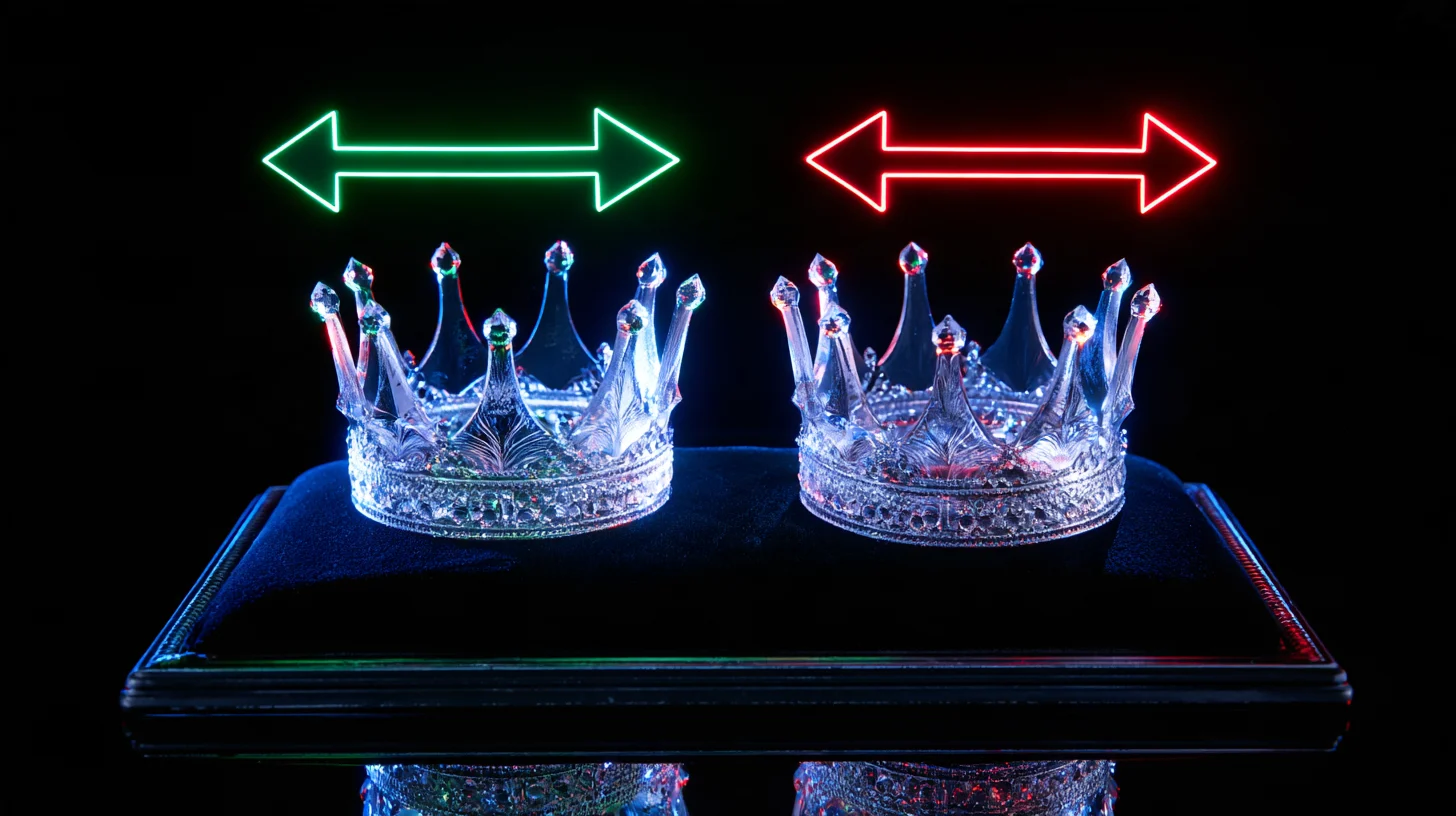 Two white crystal crowns of identical price on black velvet with green and red arrows pointing opposite ways