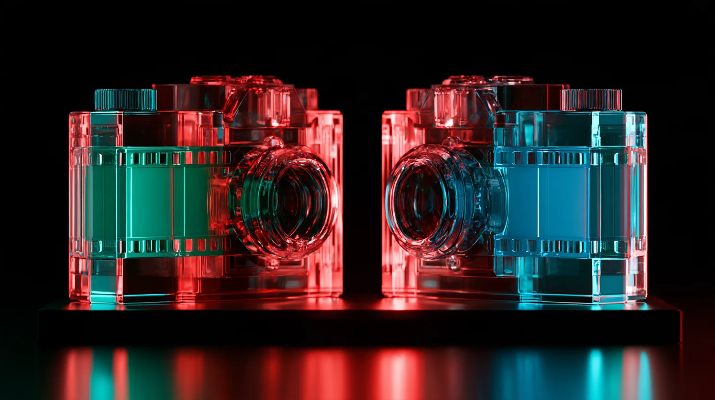Two white cameras on a black bench, one with a fifteen-notch green strip and one with an eight-notch blue strip