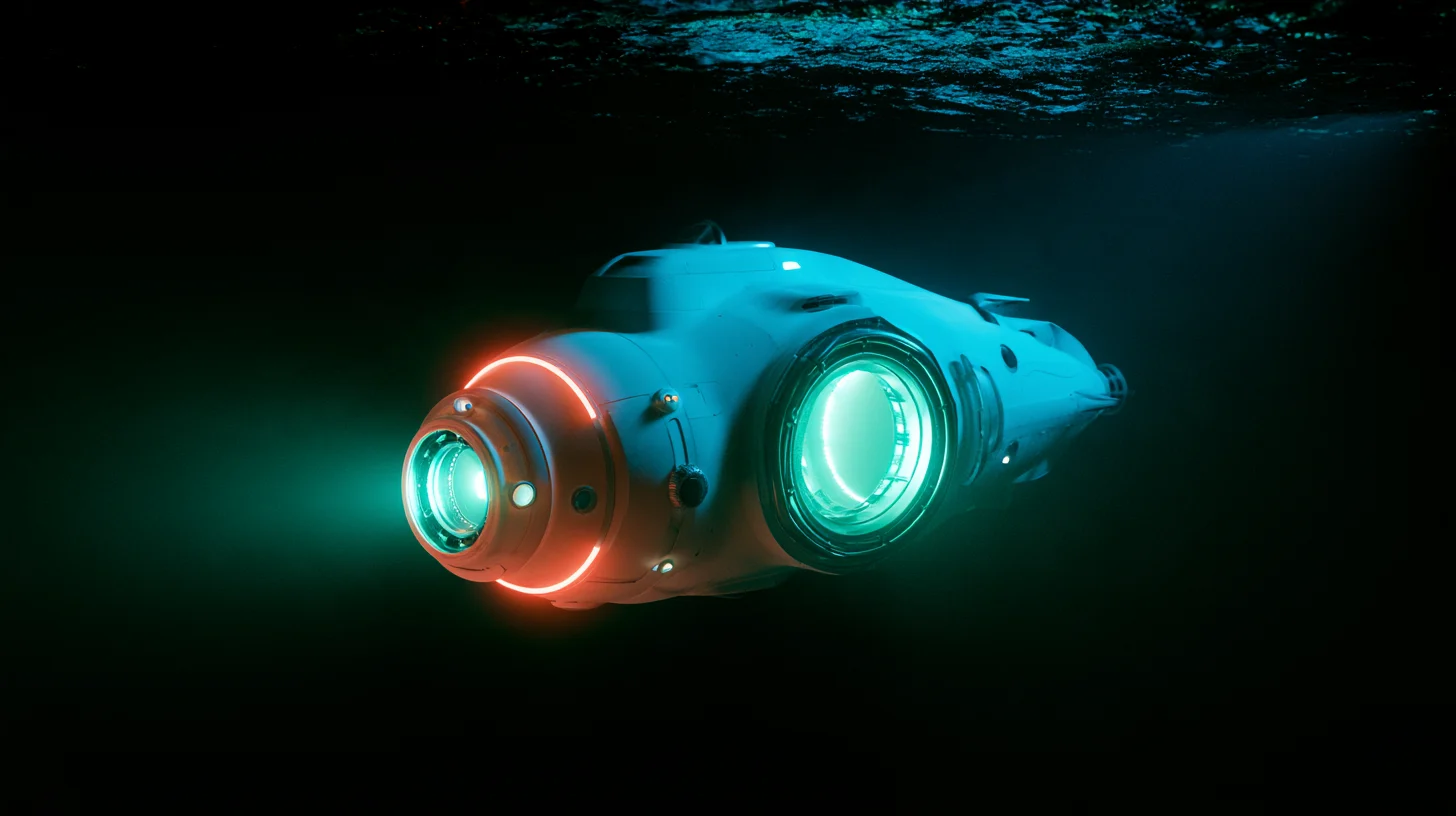 A white submarine with two portholes in black water, the smaller one glowing brighter green