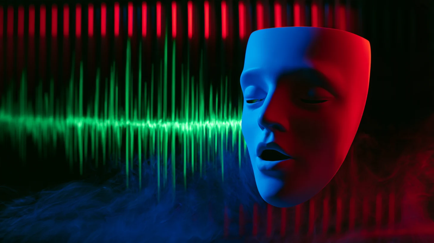 A white porcelain mask lip-syncing to a green waveform in front of a black 4K glass frame
