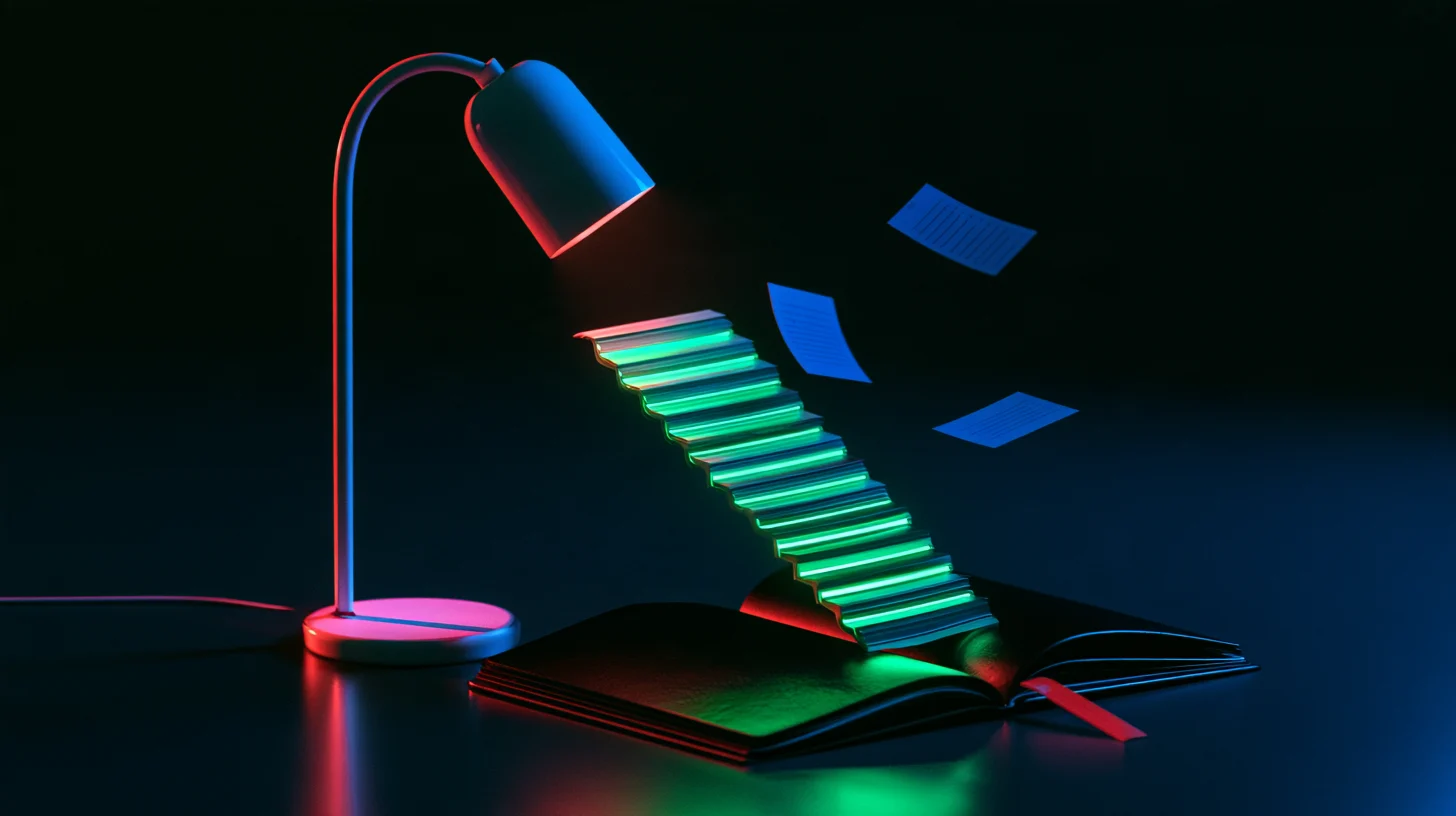 A white desk lamp over a black notebook whose pages rise into a staircase of glowing green steps
