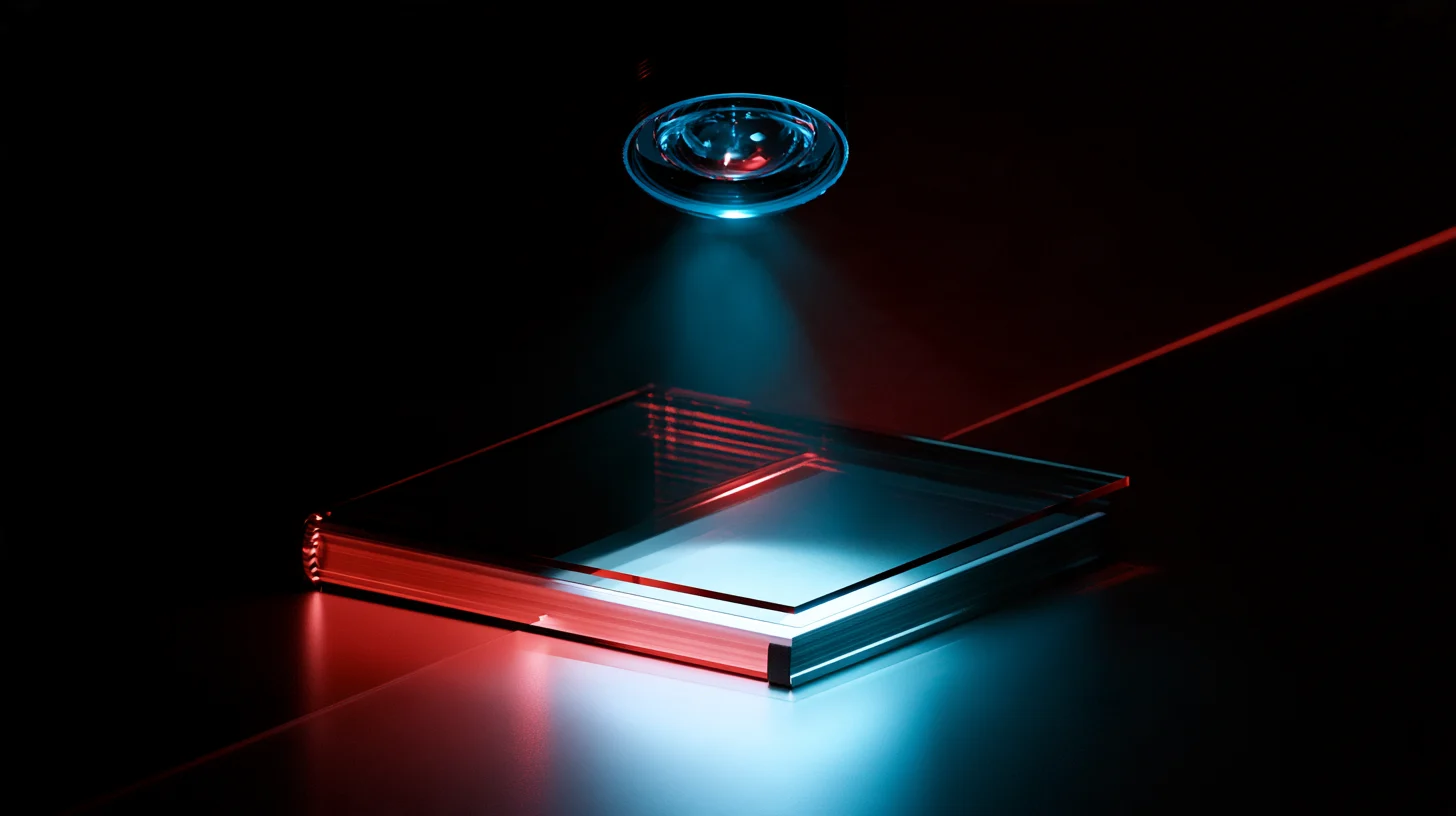 A black glass notebook where only the owner's own sources glow white under a blue lens, a red line fencing out the rest