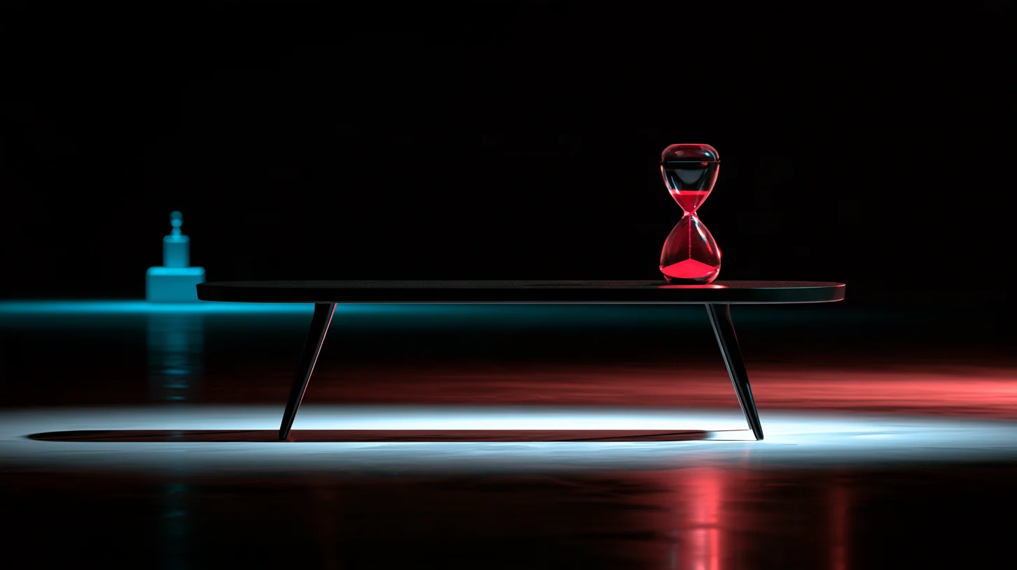 نیمکت انتظار زیر نور سفید کنار ساعت شنی قرمز، و یک سکوی آبی کوچک دور در تاریکی